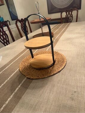 2-Tier Bamboo Serving Stand with Black Metal Frame